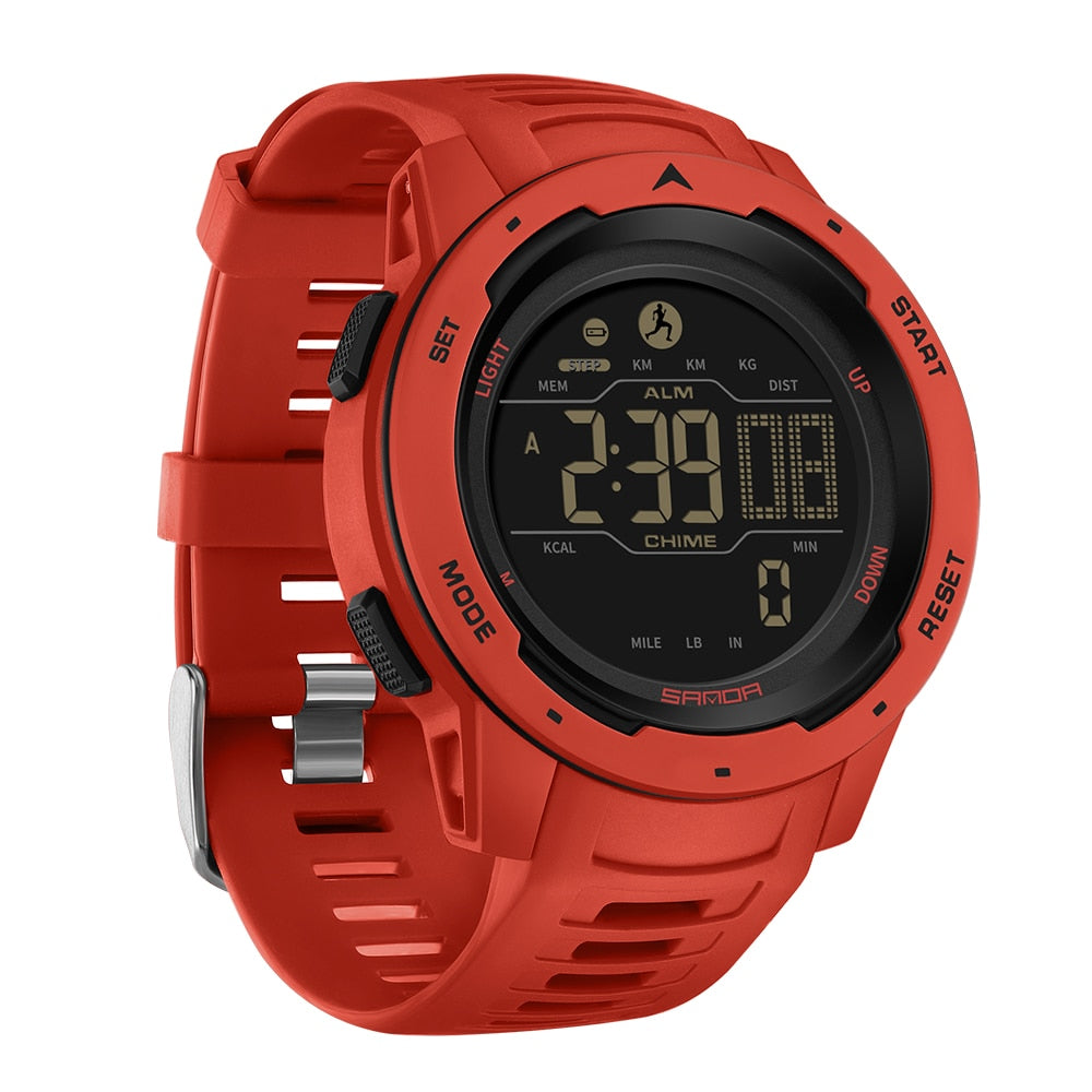 BowLift military pedometer watch with digital display, waterproof design, tracks steps and distance for outdoor activities.