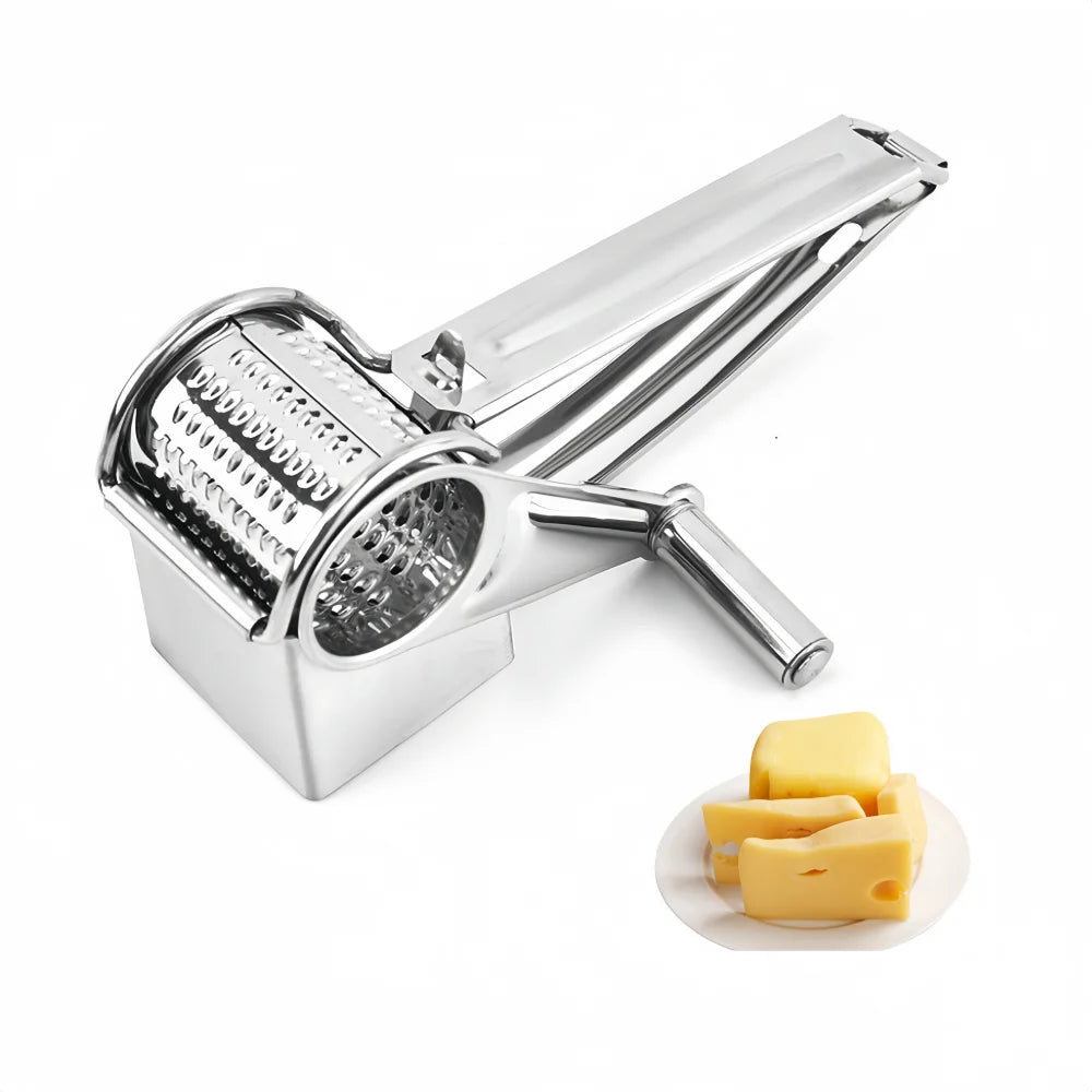 Mivoza rotary cheese grater with stainless steel body and hand crank for easy cheese shredding in the kitchen