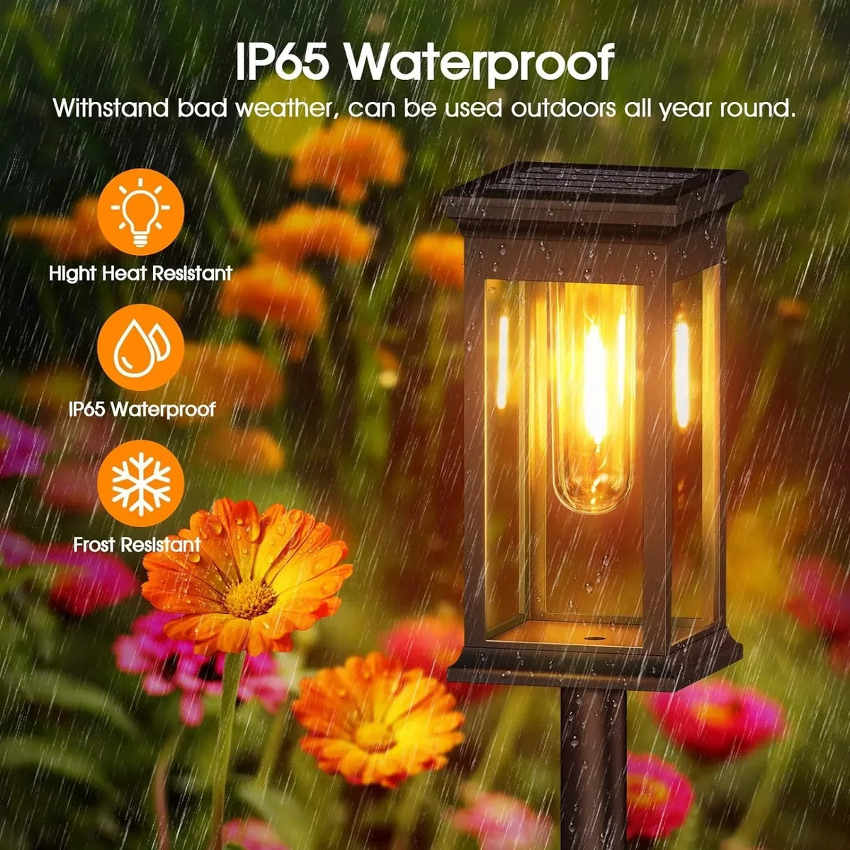 Set of 2 Mivoza solar pathway lanterns with filament look, auto on/off, ideal for garden lighting and outdoor pathway illumination.