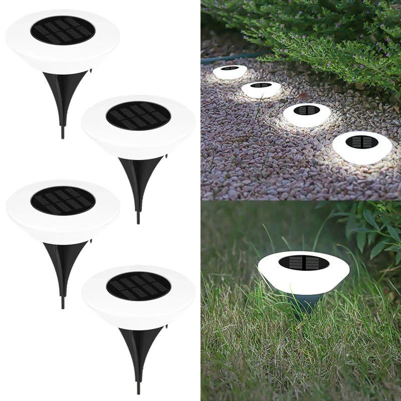 Mivoza Solar Ground Light 4-pack with 14 LEDs, ground spike design, and 360° illumination for garden pathway lighting.