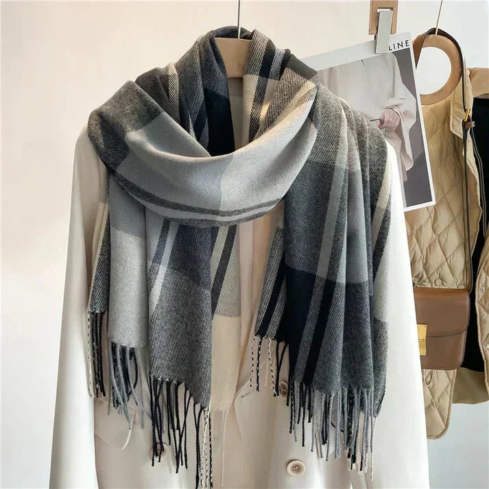 Soft beige luxury cashmere scarf by BowLift, unisex winter accessory, elegant and warm with a smooth, cozy texture.
