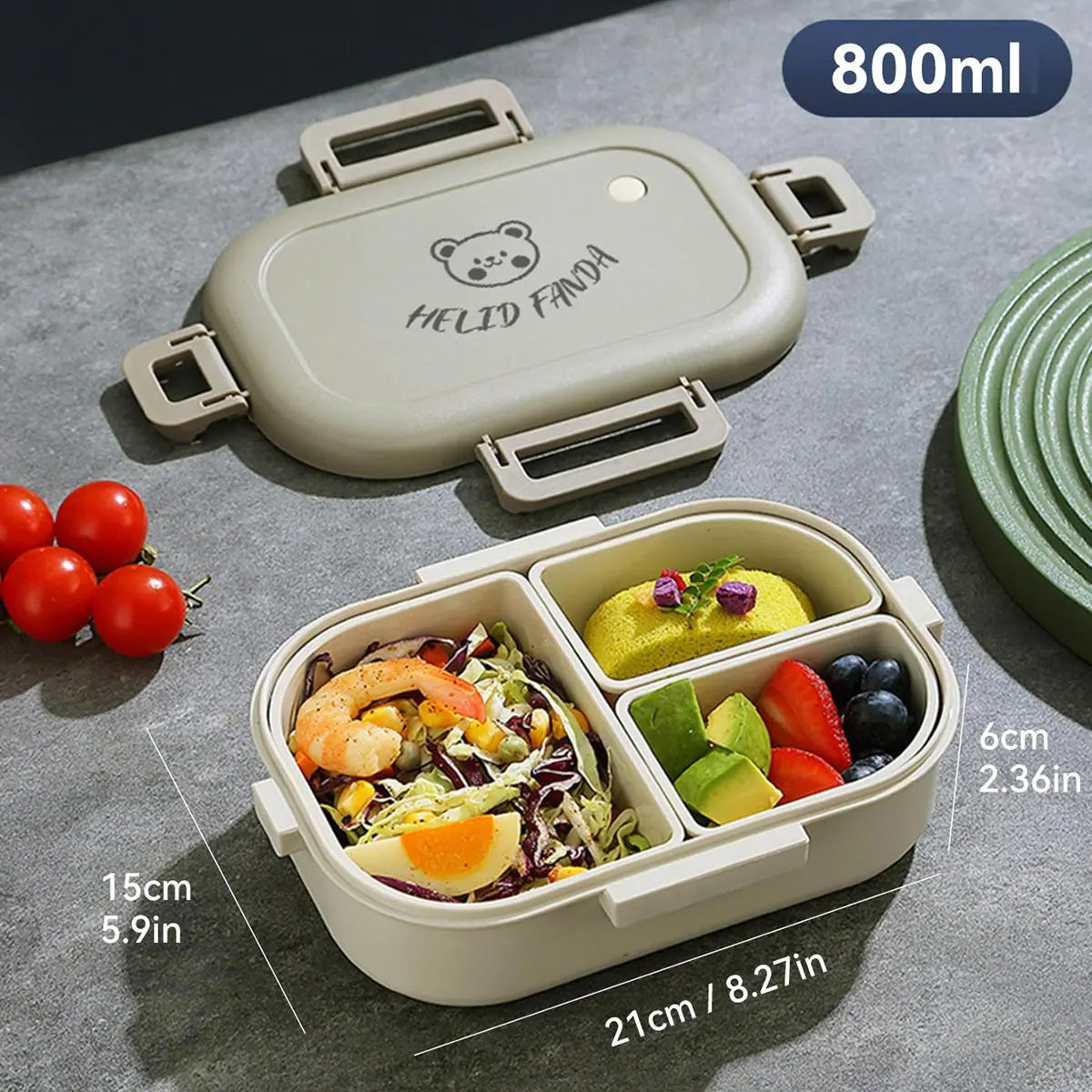DecorsDeluxe 3-compartment bento lunch box, 800ml, leak-proof and microwave safe, with separate sections for varied meals.