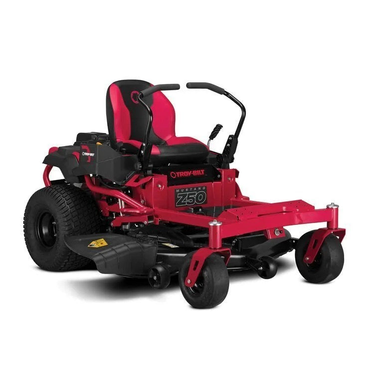Casavibeo Troy-Bilt Mustang Z50 zero-turn mower with a wide cutting deck and ergonomic handles for efficient lawn trimming.