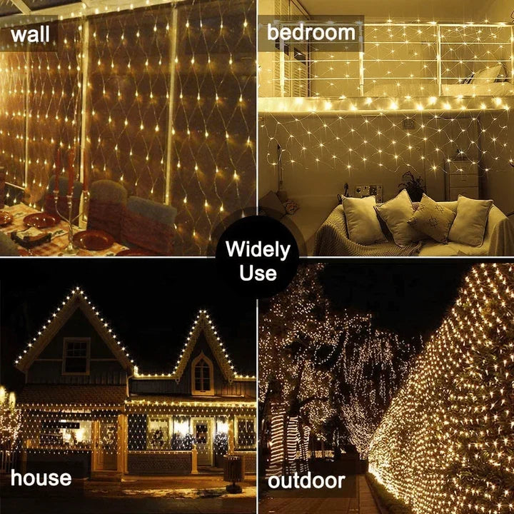 Belro LED net lights for outdoor home and garden decor, featuring a grid of bright, energy-efficient LED bulbs for festive lighting.