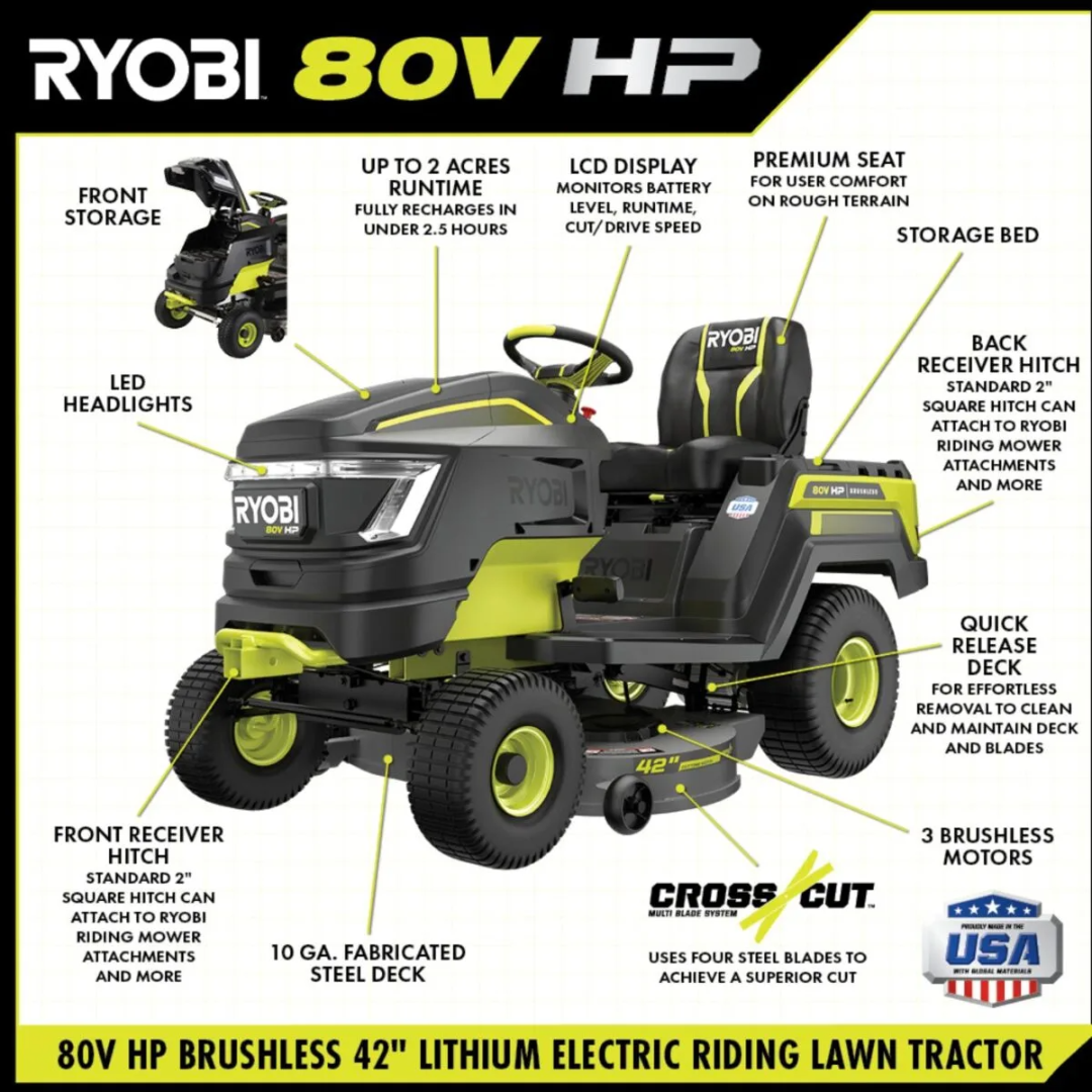 Ryobi 80V HP brushless cordless riding lawn tractor with a 42-inch cutting deck, shown in a garden setting.