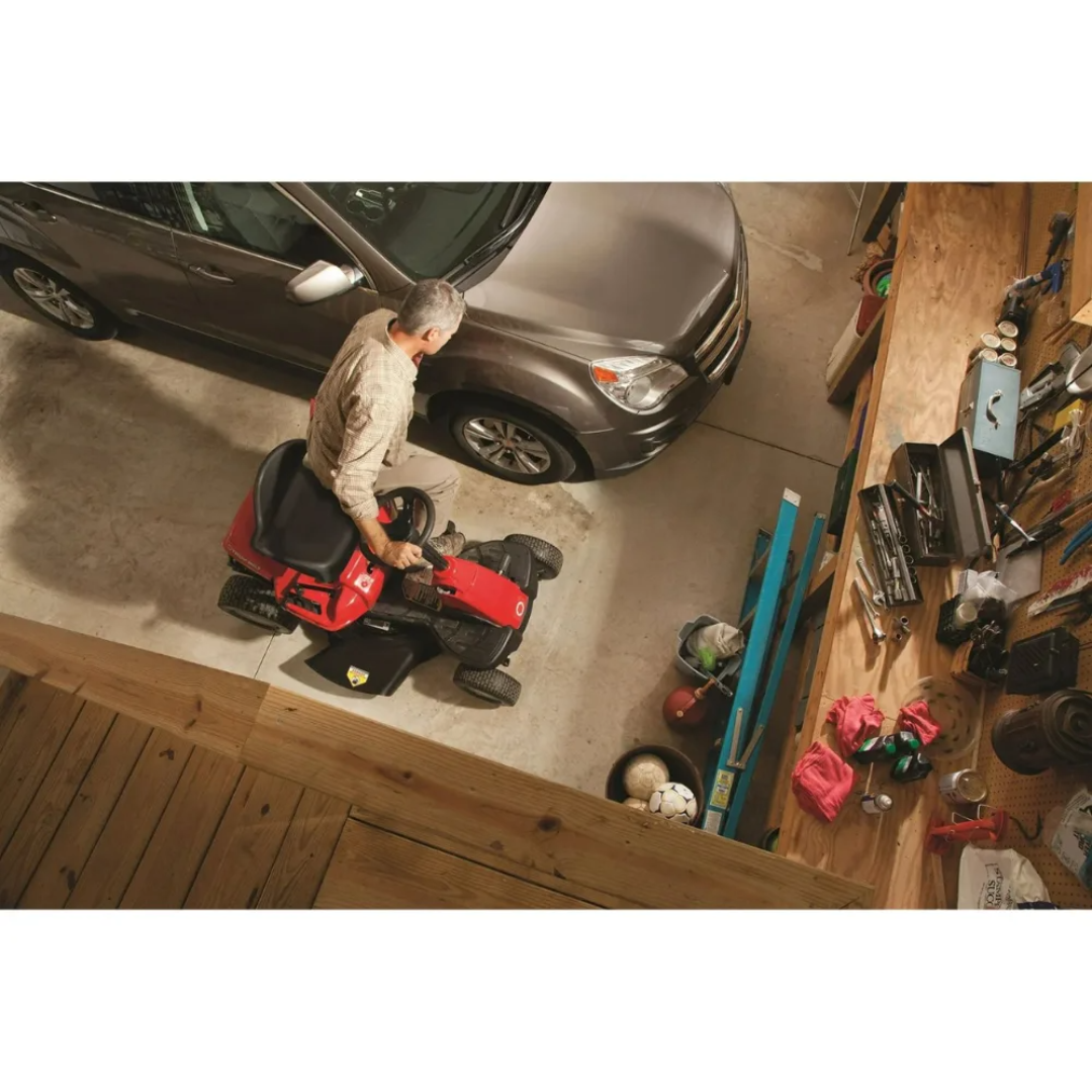 Troy-Bilt 30-inch lawn mower with 10.5 HP Briggs and Stratton engine and 6-speed transmission, shown from the side.
