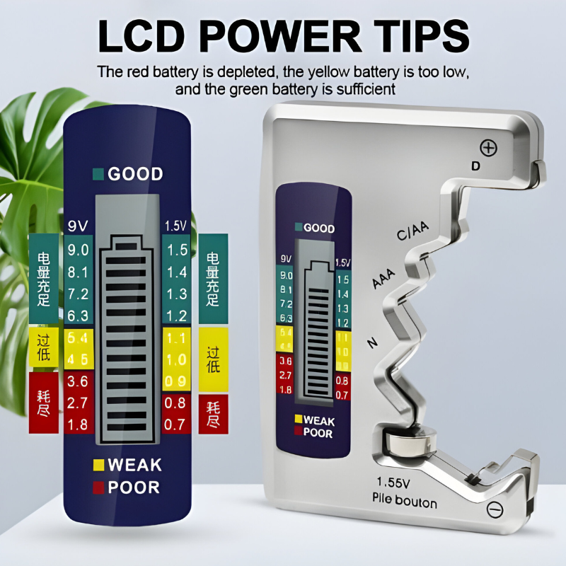 Belro Universal Digital Battery Tester showing digital screen and battery clips for testing various batteries in electronics.