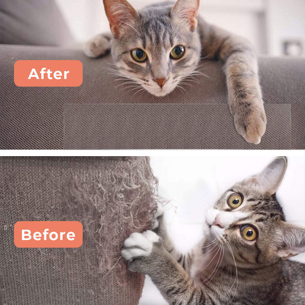 Belro Feline Furniture Guard showing a before and after image of a scratched wooden chair protected by the pet furniture guard.