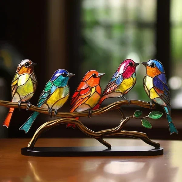 Decorative acrylic bird ornaments on branch by BowLift, featuring stained glass effect, ideal for desktop decoration or accent lighting.