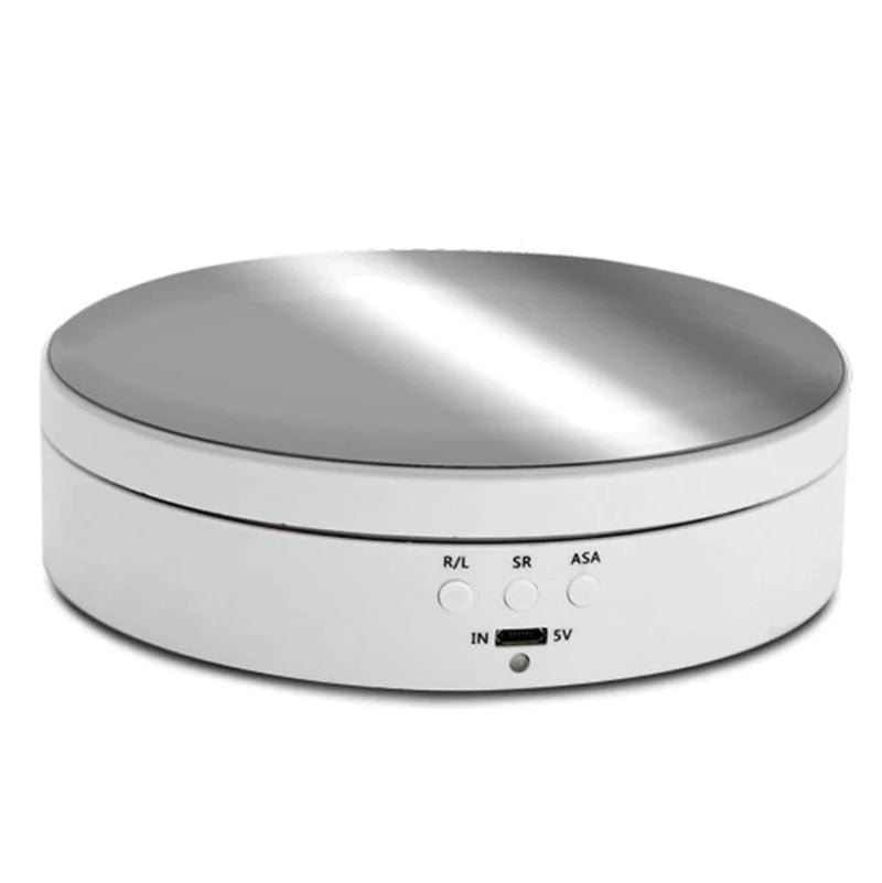 Belro 360° electric motorized rotating display rack for electronics and cameras, showcasing products in a sleek, rotating setup.