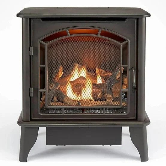Casavibeo Bluegrass Living Panorama Vent-Free 3-Sided Gas Stove BTSD23RT with blue and black finish, showcasing modern design and flame display.