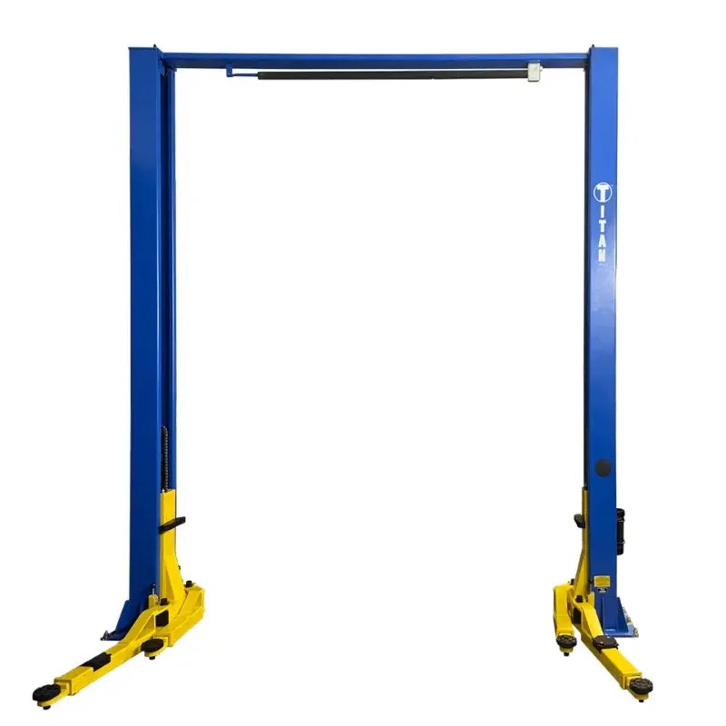 Casavibeo Titan HD2P-9000AC 2-post lift showing sturdy steel posts and lifting arms for vehicle maintenance and repair.