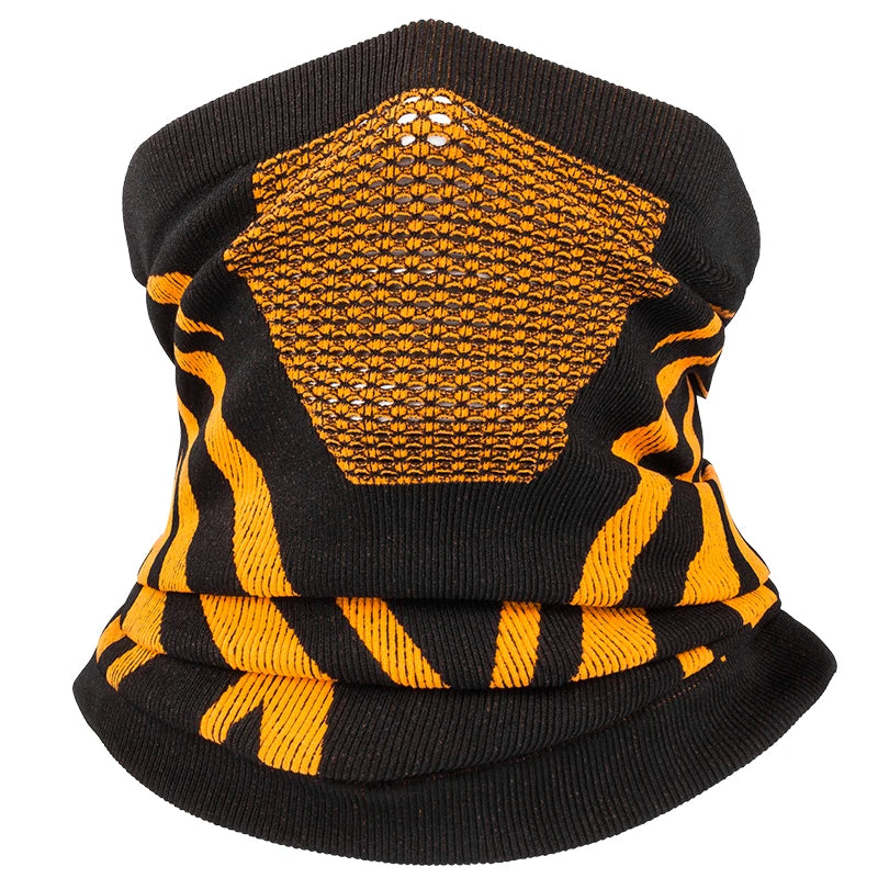 Black and yellow breathable thermal face mask and neck gaiter by Belro, designed for comfort and warmth in cold weather.