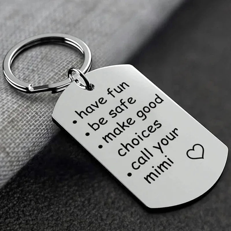 Belro stainless steel keychain with engraved reminder message, durable accessory for keys or wallets.