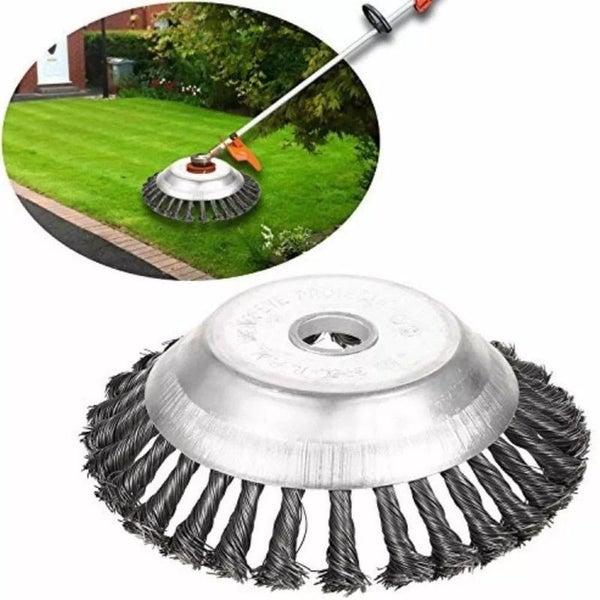 Belro weeding brush cutter head attached to a brushcutter, designed for clearing weeds in outdoor gardening tasks.