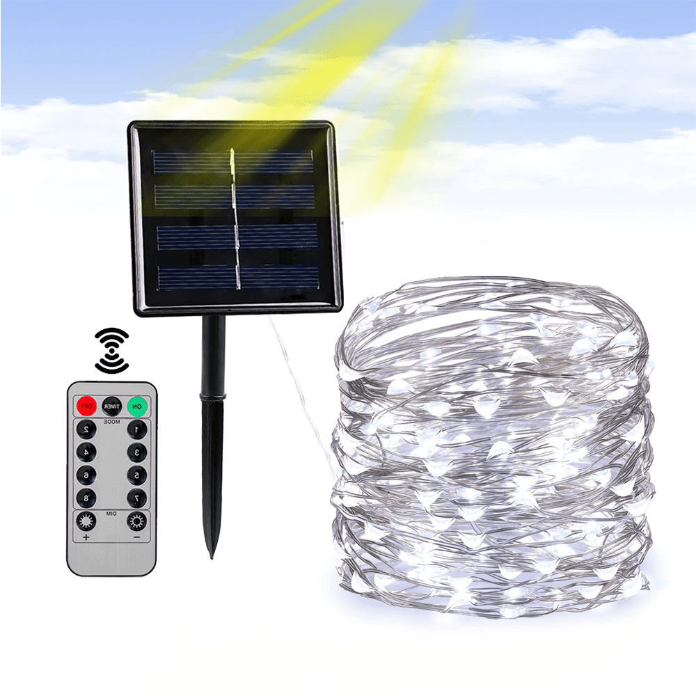 Clear cable string solar lights for outdoor home and garden use, featuring small LED bulbs on a flexible transparent cable.