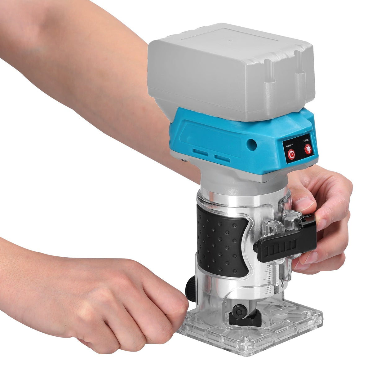 Belro wood router tool with adjustable base and motor for woodworking projects, showcasing the tool's detailed components.