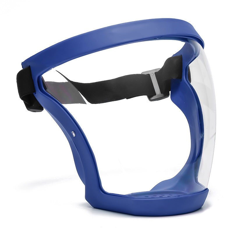 Belro Super Protective Anti-fog Face Shield worn over clothing, showing clear, anti-fog plastic for face protection and comfort.