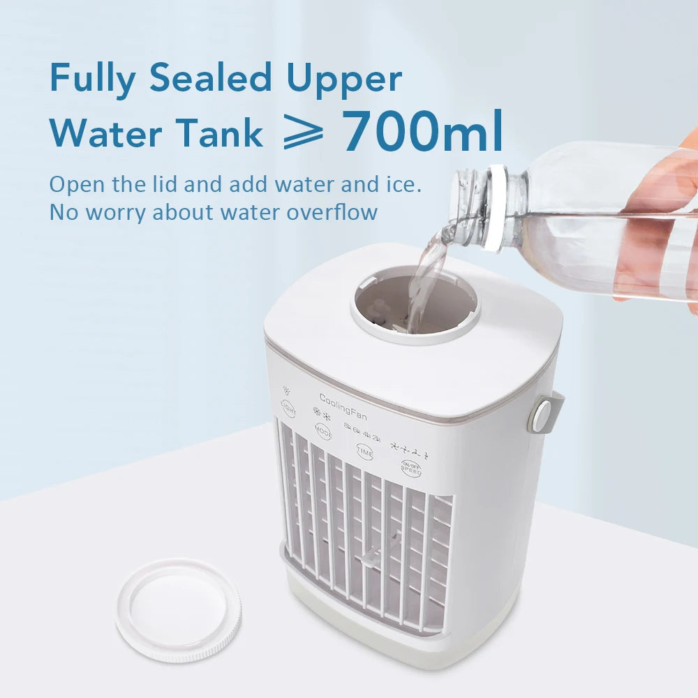 Belro mini portable air conditioner and humidifier with LED display, ideal for outdoor home and garden use.