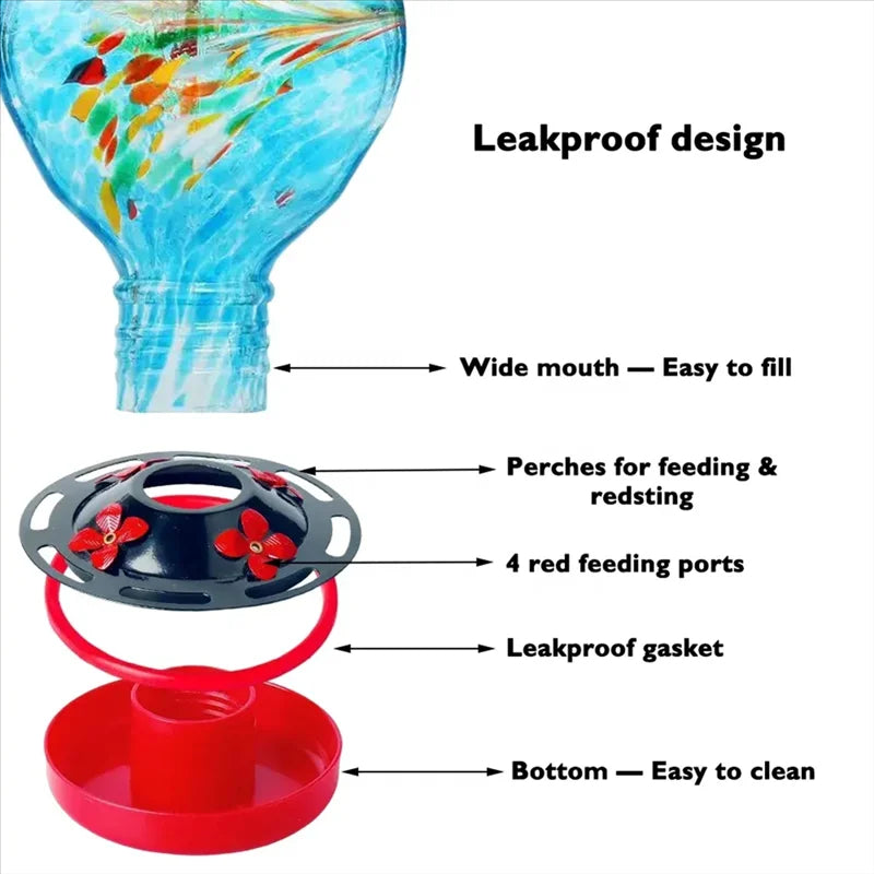 Hand blown glass hanging bird feeder by Belro, featuring colorful glass design ideal for garden decor and attracting birds.