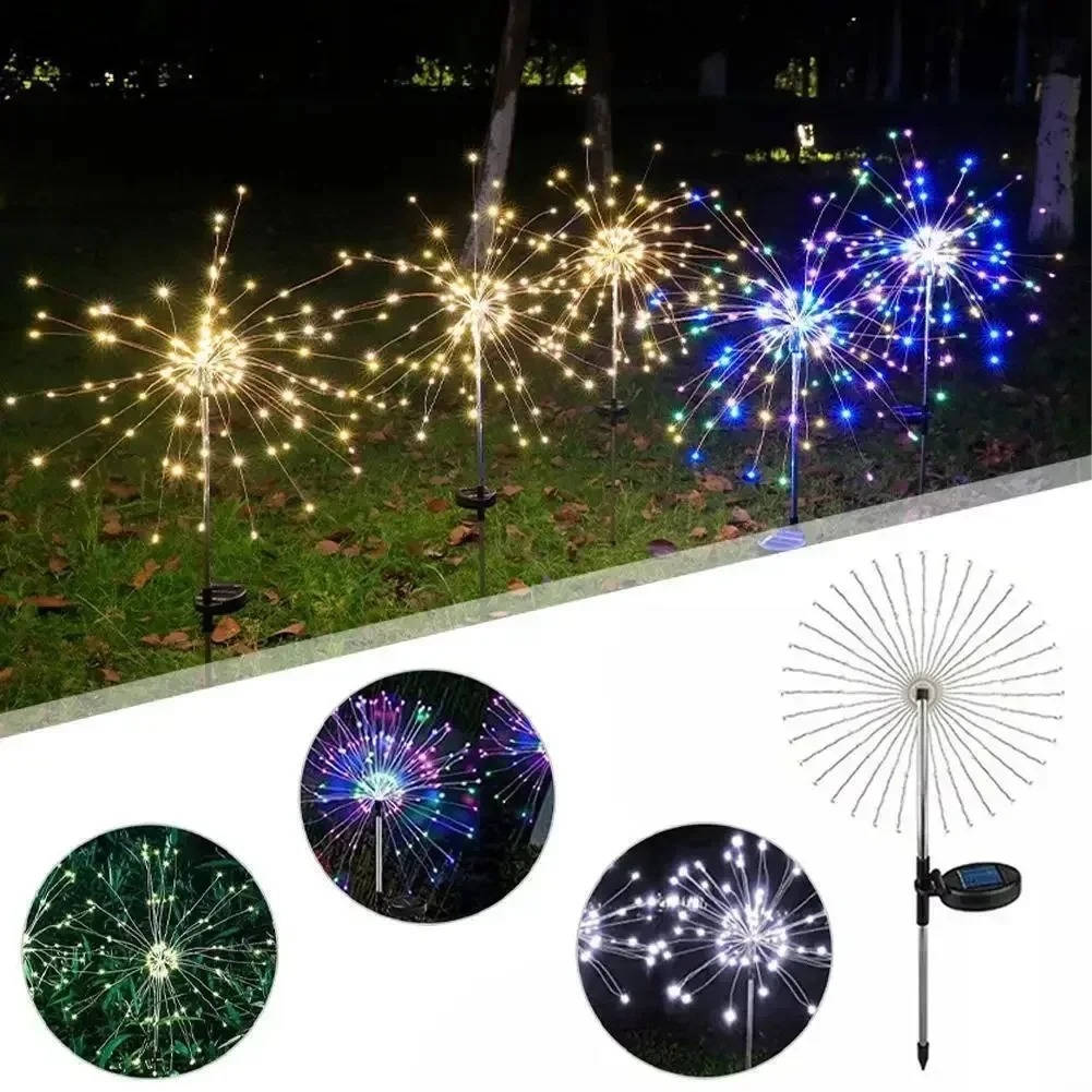 Colorful firework lights outdoor garden decoration accessory attached to umbrella, creating vibrant illumination in the garden.