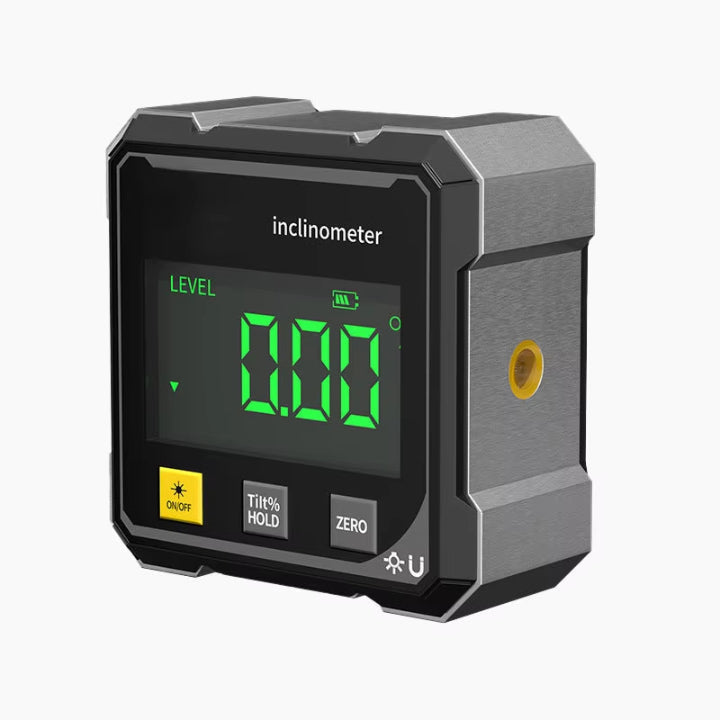 Mivoza digital laser inclinometer showing precise angle measurement on a multi-surface level in a home and garden setting