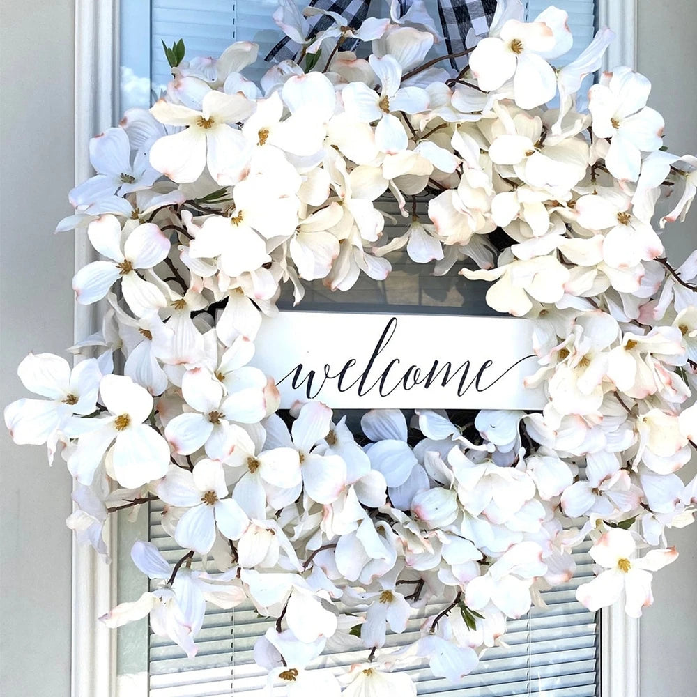 White dogwood flower wreath by Belro, decorative home and garden decor with lush white blossoms and green foliage.