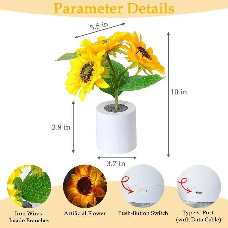 Belro sunflower lamp, a decorative electronic night light with a sunflower design, illuminating softly on a dark background.