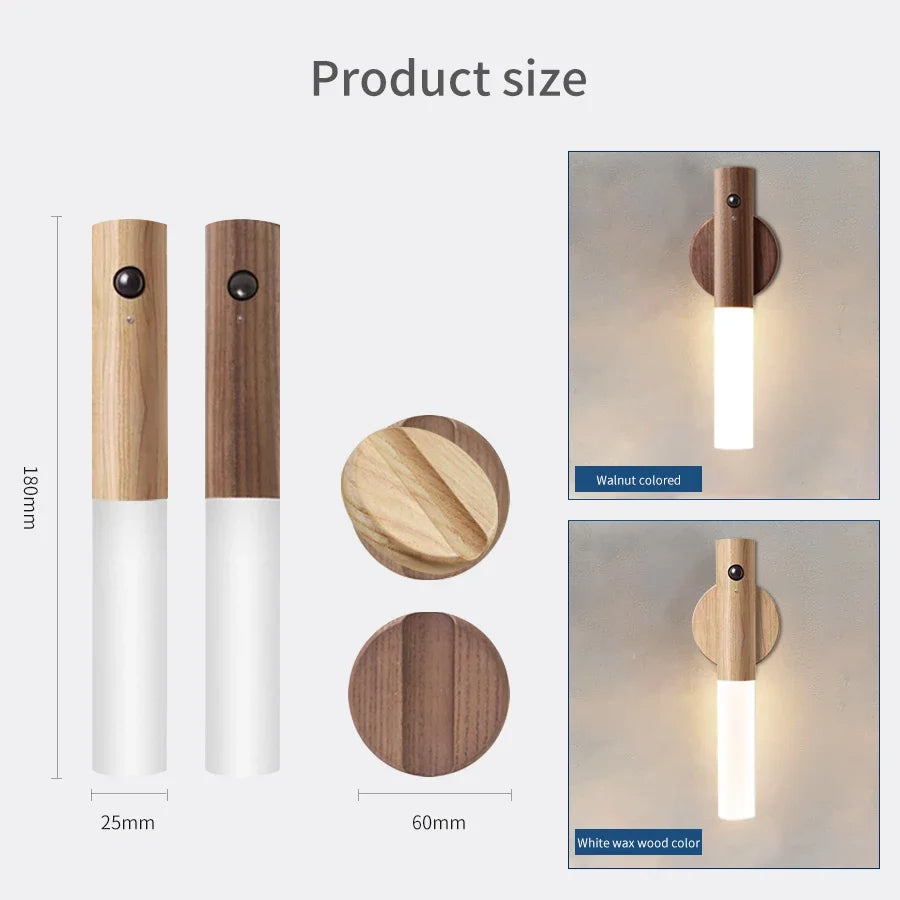 Belro wood grain motion sensor night light with magnetic base, showcasing a sleek, natural wood finish and modern design for easy placement.