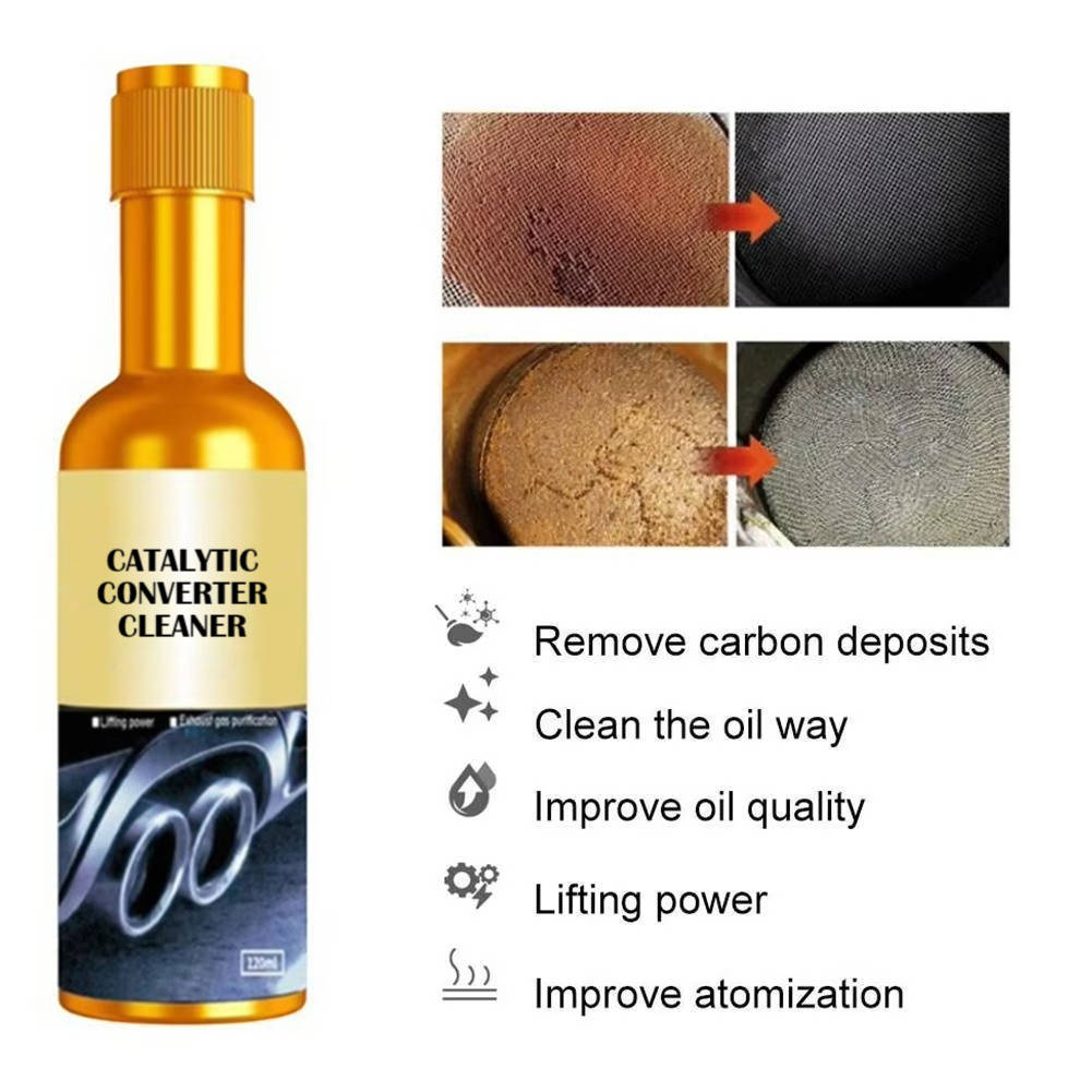 Belro catalytic converter cleaner for home and garden decor, showing a container with labels and cleaning solution in a natural setting.