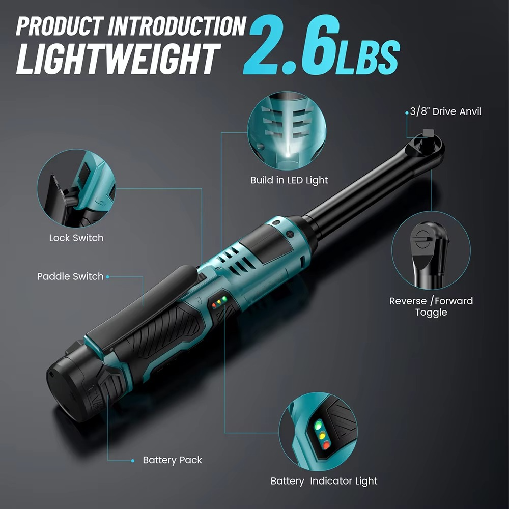 Belro electric wrench ratchet tool with ergonomic handle and metal socket attachment for tightening and loosening bolts.