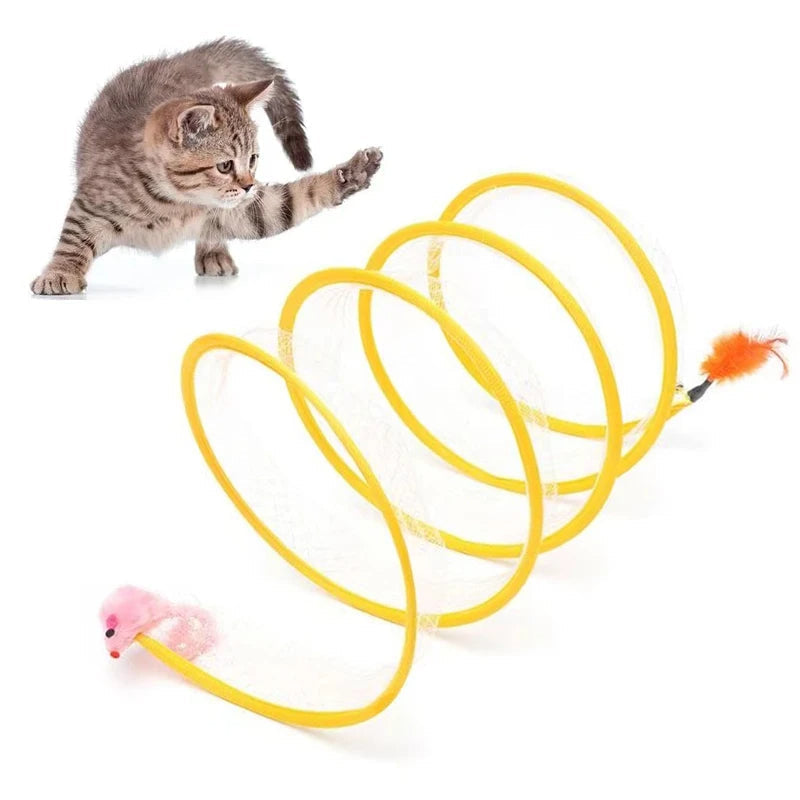 Folded Belro S-Type Spring Cat Tunnel in vibrant colors, compact and lightweight pet toy for cats to play and hide.