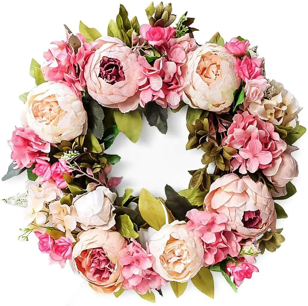 Belro Peony Round Wreath for home decor featuring lush pink peonies and greenery arranged in a circular design.