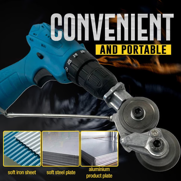 Belro metal cutting adapter for drill, a versatile tool for precise metal cutting, shown with attached drill bit in a workshop setting.