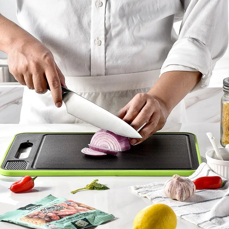 Belro 4-in-1 cutting board with built-in thawing tray and knife sharpener, featuring a spacious surface for kitchen prep.