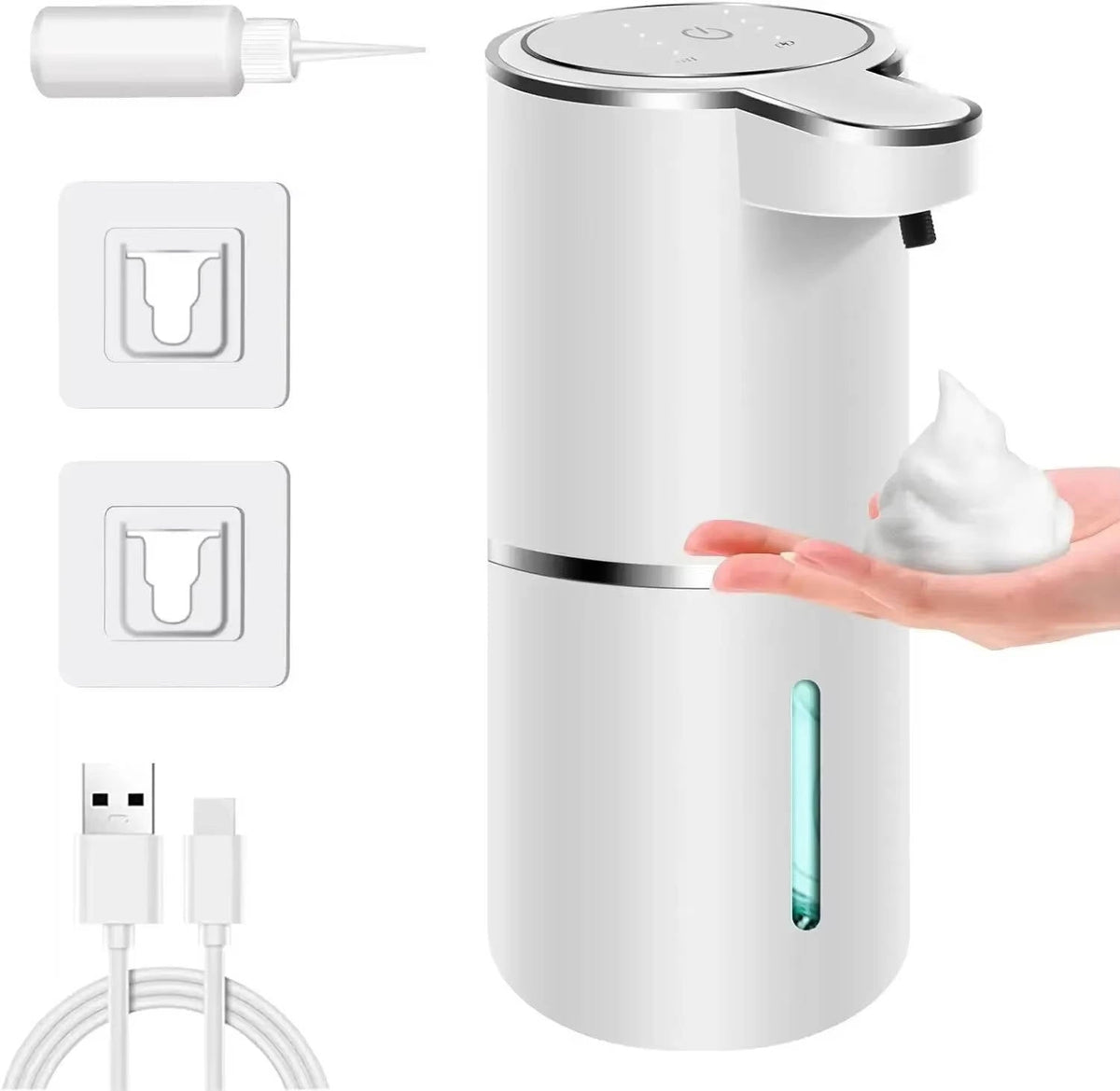 Belro touchless automatic soap dispenser in white with sensor for hands-free soap dispensing in bathroom or kitchen.