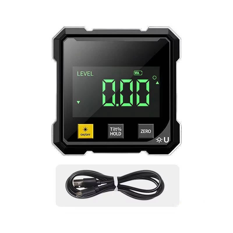 Belro digital angle finder with laser level showing a close-up of the device on a workbench, measuring angles with digital display and laser guide