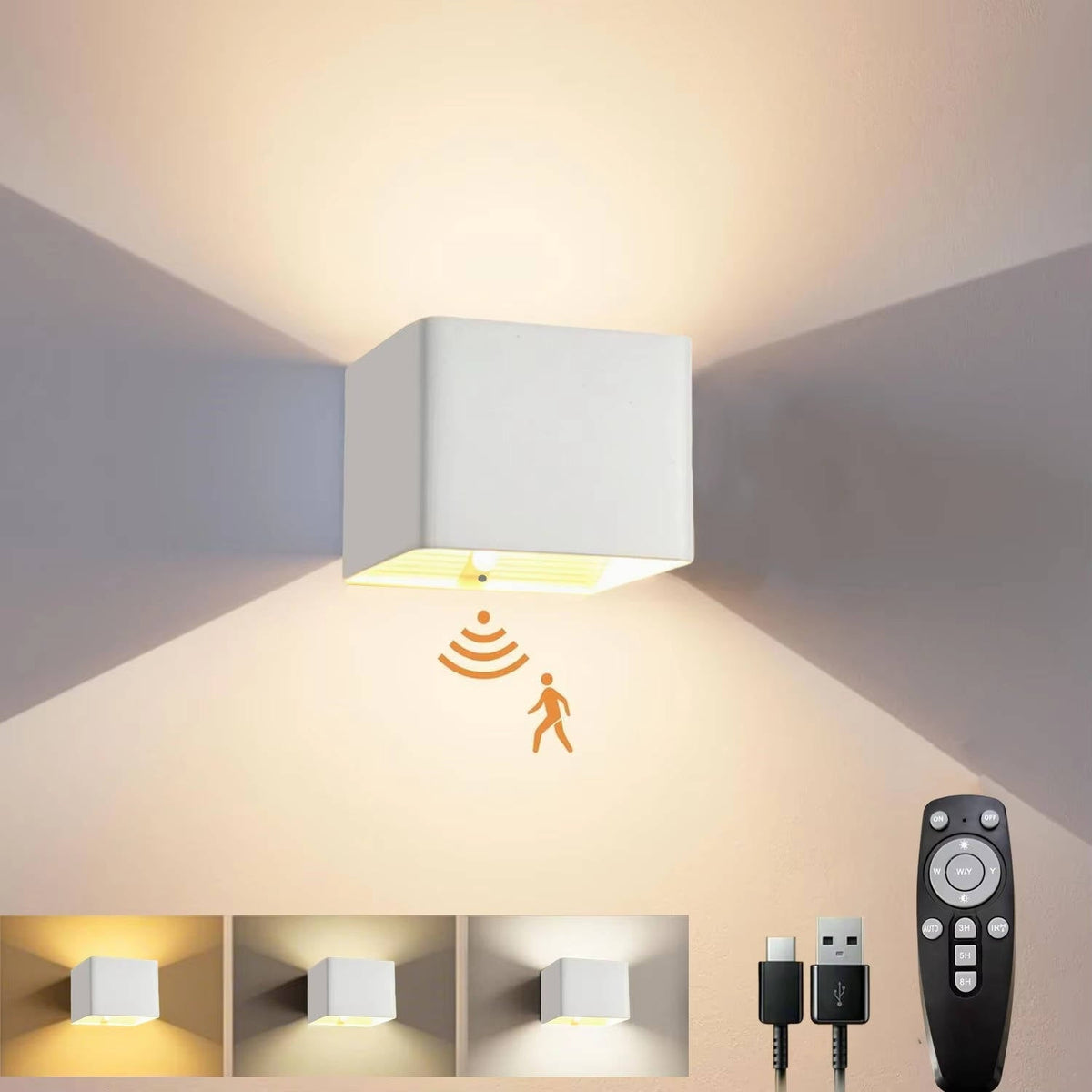 Belro indoor wall light with motion sensor and remote control, mounted on a wall, showcasing modern electronic lighting.