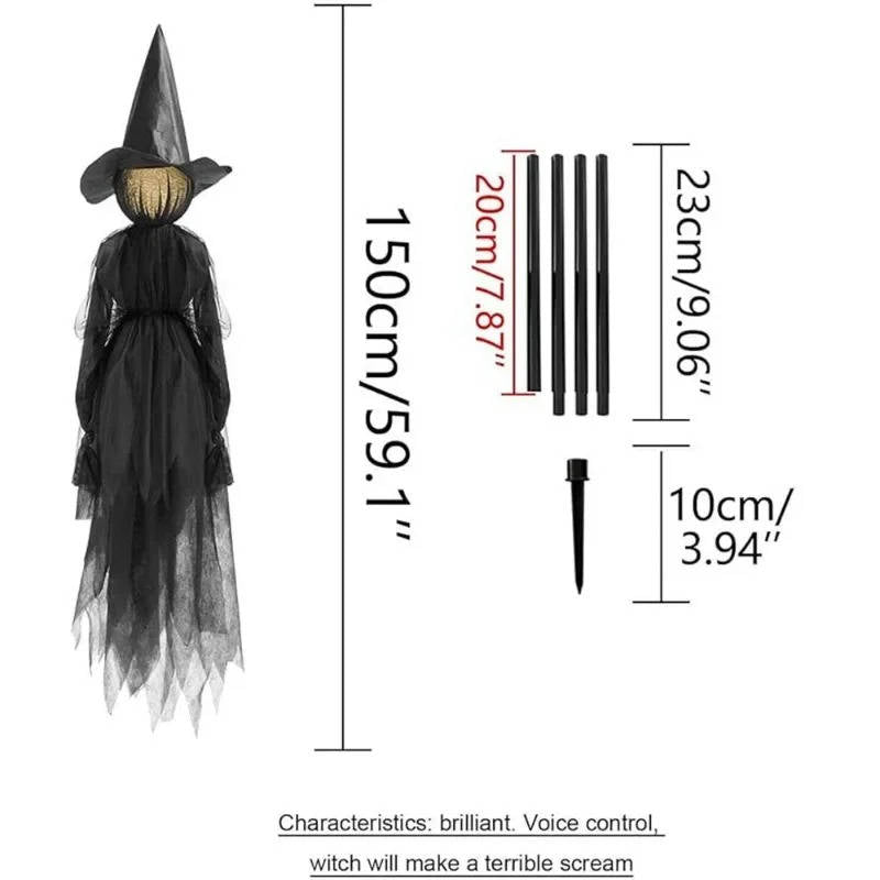 Belro sound-activated Halloween decoration featuring a hand holding a witch, suitable for indoor and outdoor spooky decor.