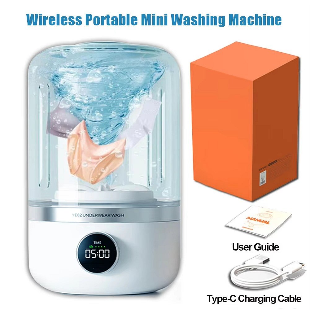 Mini rechargeable washing machine by Belro, compact outdoor home appliance with control panel and washing drum.