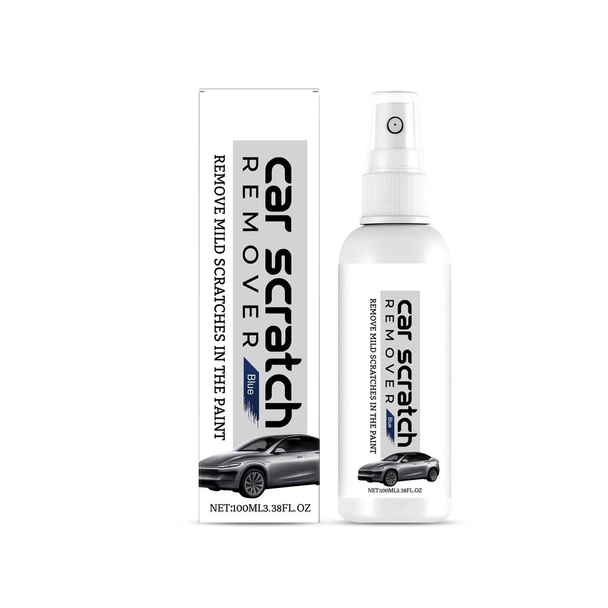 Belro Car Scratch Remover Spray for home and garden, showing the spray bottle and application process on a vehicle surface.