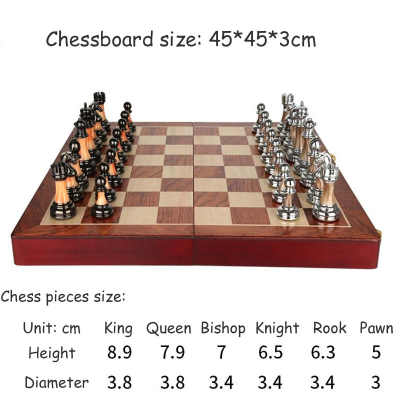 Belro luxurious metal chess set with detailed pieces on a large 42 cm wooden chessboard, ideal for strategic game enthusiasts.