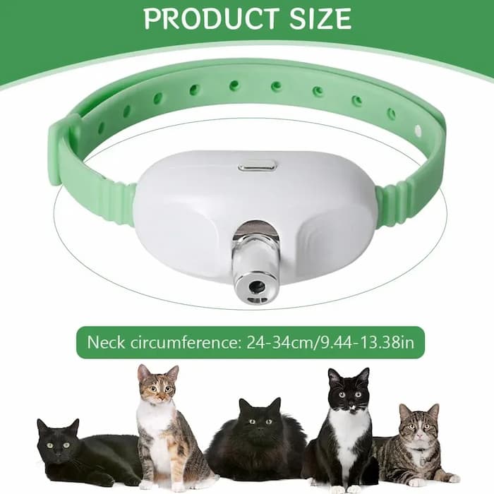 Mivoza Laser Play Cat Collar with automatic laser toy for interactive, active play without supervision on a tabby cat.