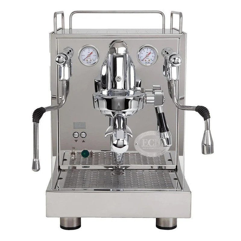 Casavibeo ECM Mechanika Max Rotary espresso machine with stainless steel body and commercial-style portafilter for home brewing.