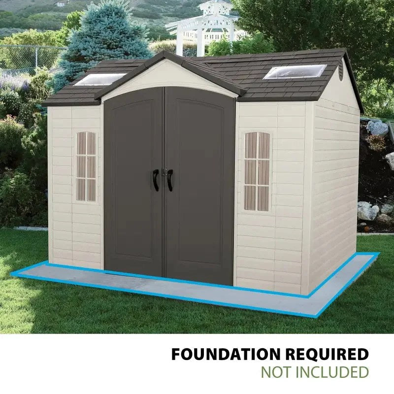 Casavibeo Lifetime lockable polyethylene outdoor storage shed, 10x8 feet in tan and brown with secure lockable doors.