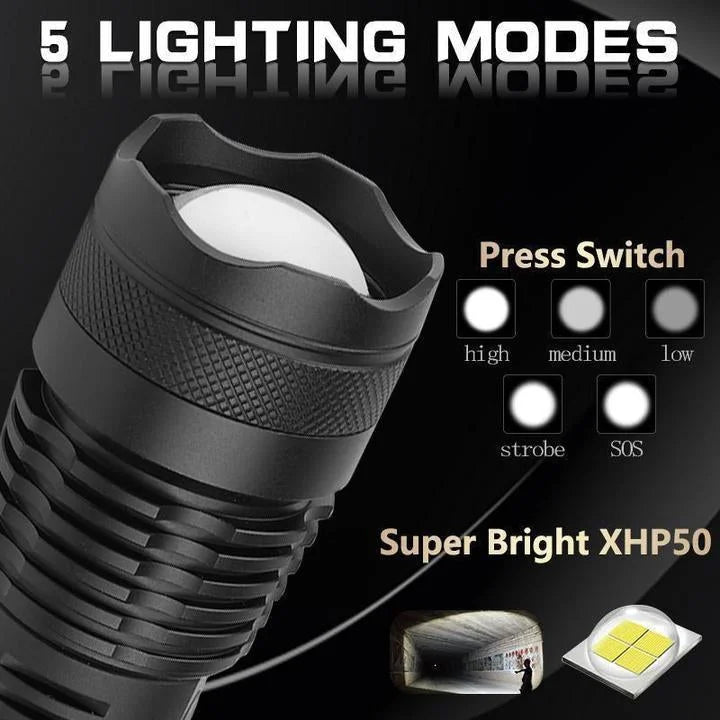 Belro 90000 Lumens Xhp50.2 powerful flashlight with a sturdy black body and adjustable focus lens for bright outdoor illumination.