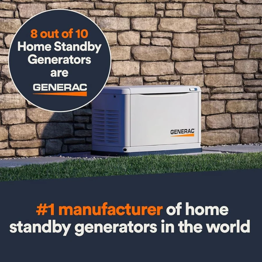 Casavibeo Generac 7043 22kW Air Cooled Guardian Series standby generator with 200-Amp transfer switch, shown in an outdoor setting.