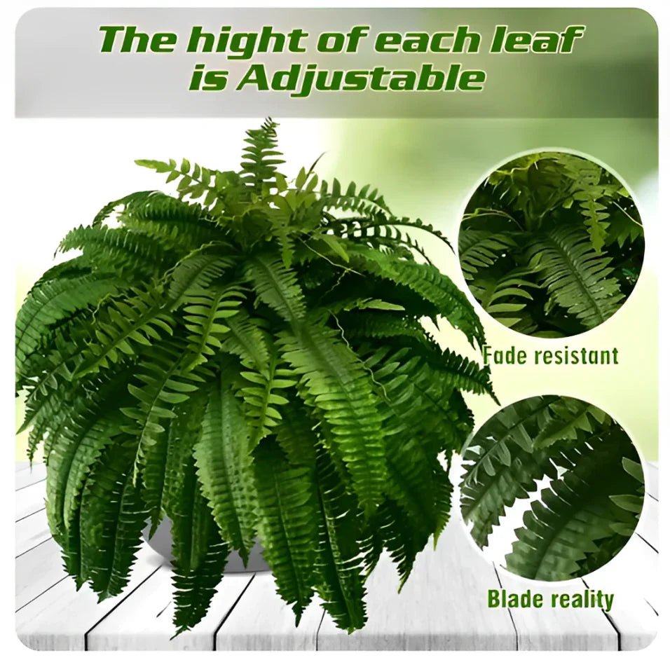 Belro UV resistant artificial Boston fern for outdoor home and garden decor, lush green, lifelike faux fern plant in a decorative setting.