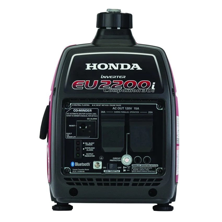 Honda EU2200i Companion inverter generator by Casavibeo, shown from the front, compact portable power with control panel and handles.