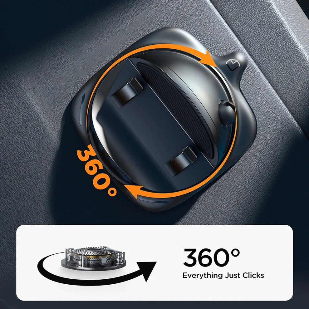 Belro 360° rotating car phone holder mounted on a dashboard, designed to securely hold smartphones while driving.
